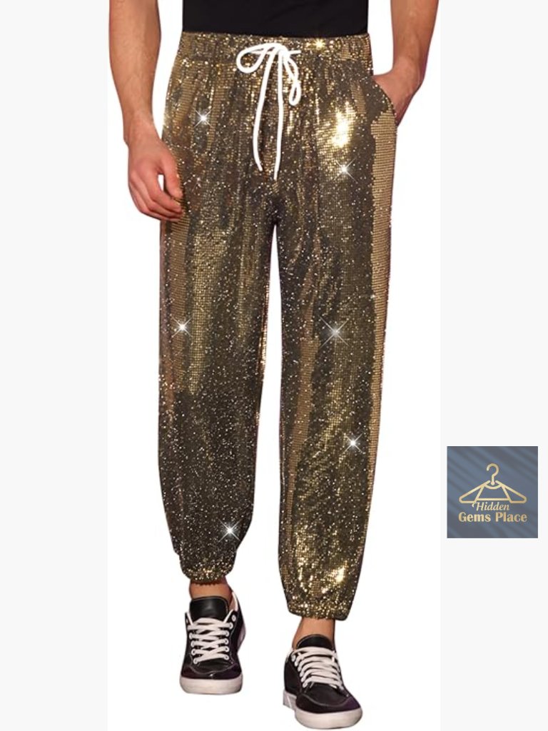 Sequins Drawstring Pants Men's Elastic Waist Nightwear Shiny Jogger